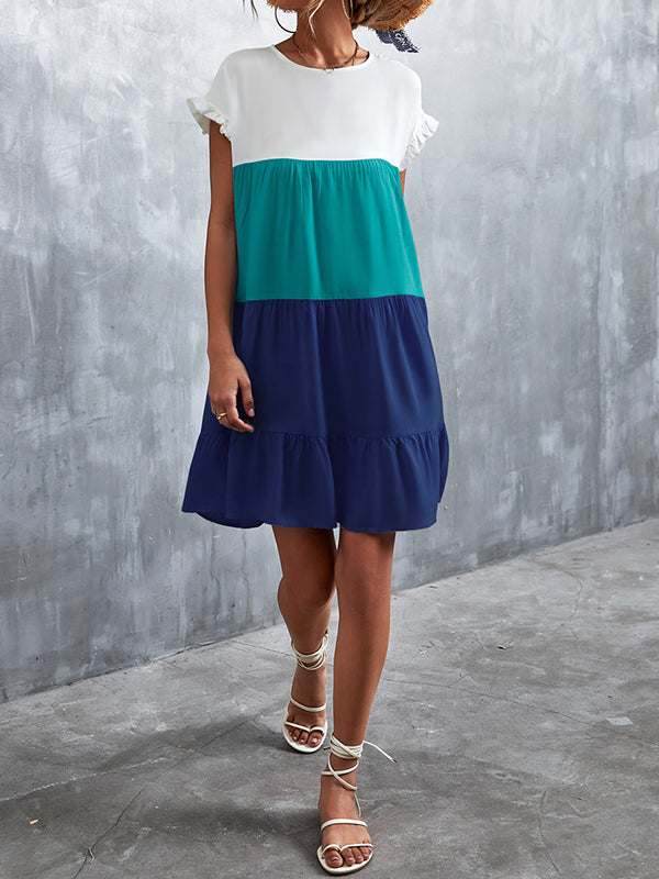 Momentlover Split-Joint Pleated Falbala Contrast Color Ruffle Sleeves Loose Round-Neck Mini Dresses