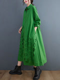 Momentlover Solid Color Polka-Dot Hollow Asymmetric Loose Long Sleeves Lapel Midi Dresses