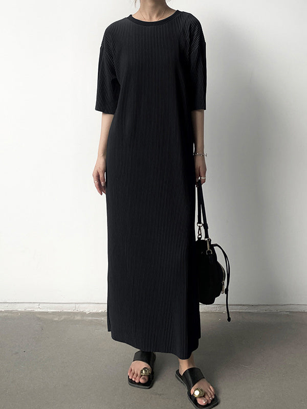 Momentlover Solid Color Pleated Loose Half Sleeves Round-Neck Midi Dresses