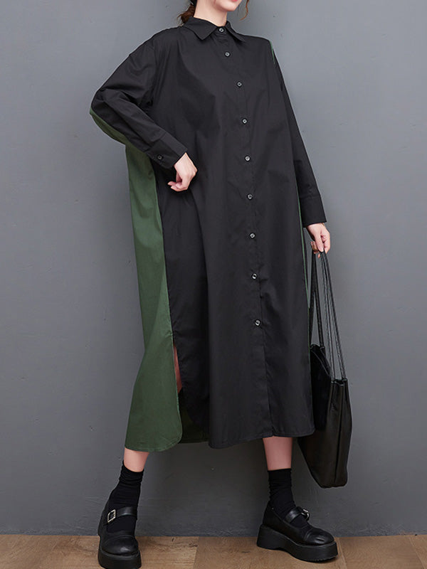 Momentlover Split-Side Split-Joint Buttoned Asymmetric Loose Long Sleeves Lapel Shirt Dress Midi Dresses
