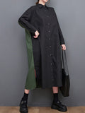 Momentlover Split-Side Split-Joint Buttoned Asymmetric Loose Long Sleeves Lapel Shirt Dress Midi Dresses