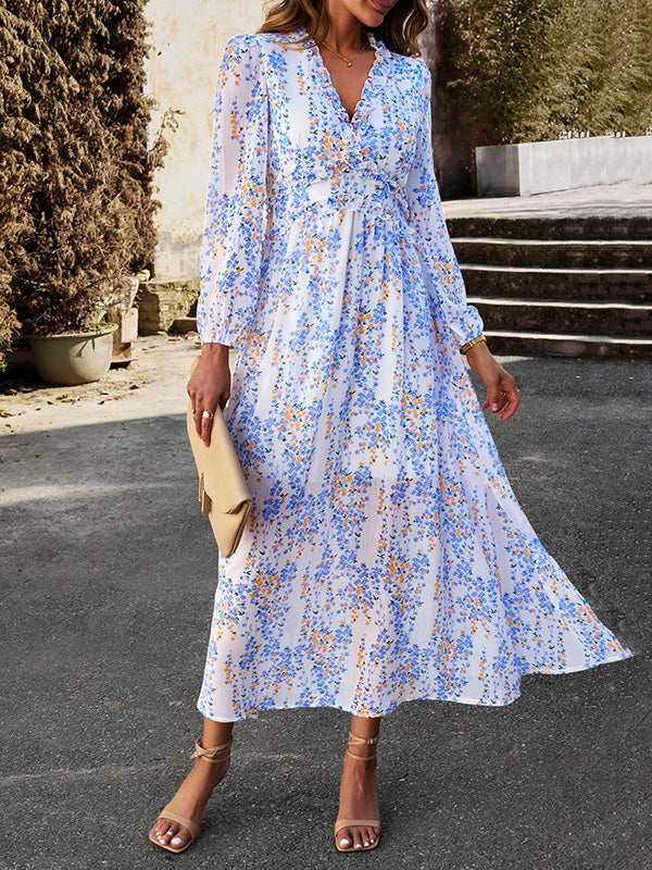 Momentlover Split-Joint Ruffled Flower Print Loose Long Sleeves Deep V-Neck Maxi Dresses