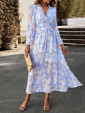 Momentlover Split-Joint Ruffled Flower Print Loose Long Sleeves Deep V-Neck Maxi Dresses
