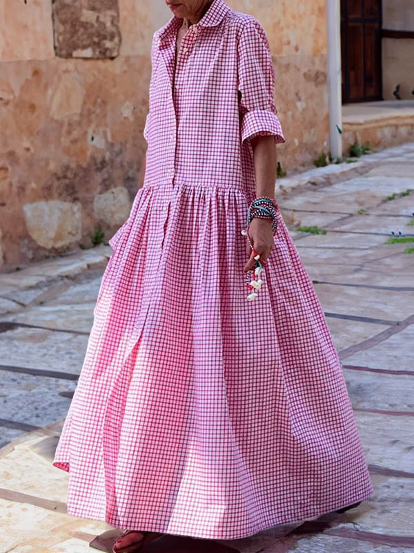 Momentlover Long Sleeves Loose Buttoned Plaid Pleated Split-Joint Lapel Maxi Dresses