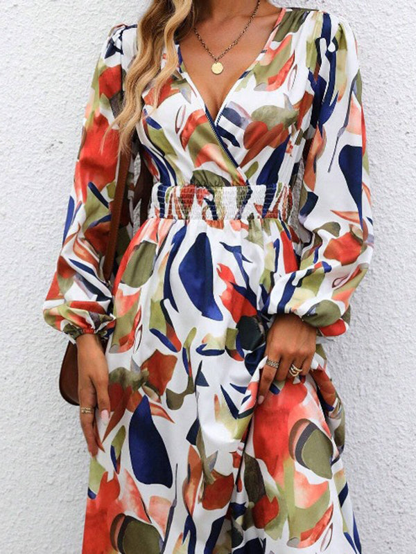 Momentlover Split-Joint Printed Elasticity Puff Sleeves Loose Deep V-Neck Midi Dresses