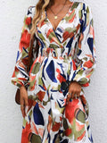 Momentlover Split-Joint Printed Elasticity Puff Sleeves Loose Deep V-Neck Midi Dresses