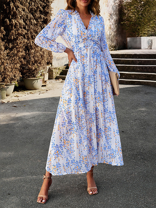 Momentlover Split-Joint Ruffled Flower Print Loose Long Sleeves Deep V-Neck Maxi Dresses
