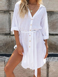 Momentlover Tied Waist Split-Side Solid Color Buttoned Loose Long Sleeves V-Neck Mini Dresses