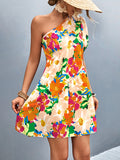 Momentlover Split-Joint Flower Print Short Sleeves Bishop Sleeve One-Shoulder Mini Dresses