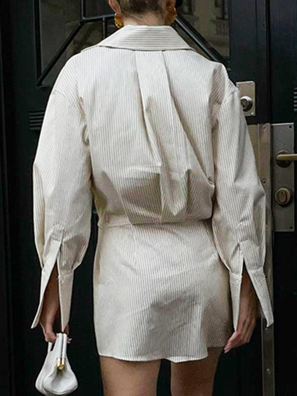 Momentlover Striped Buttoned Loose Long Sleeves Lapel Shirt Dress Mini Dresses