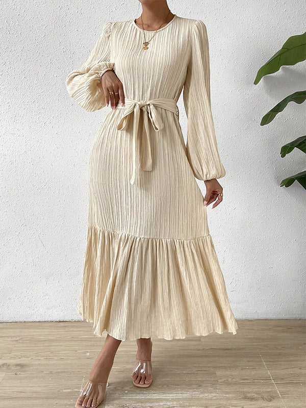 Momentlover A-line Long Sleeves Elasticity Pleated Solid Color Split-Joint Tied Waist Round-neck Midi Dresses