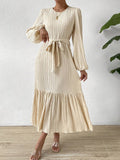 Momentlover A-line Long Sleeves Elasticity Pleated Solid Color Split-Joint Tied Waist Round-neck Midi Dresses