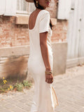 Momentlover Solid Color Pleated Buttoned Short Sleeves High Waisted Deep V-Neck Midi Dresses