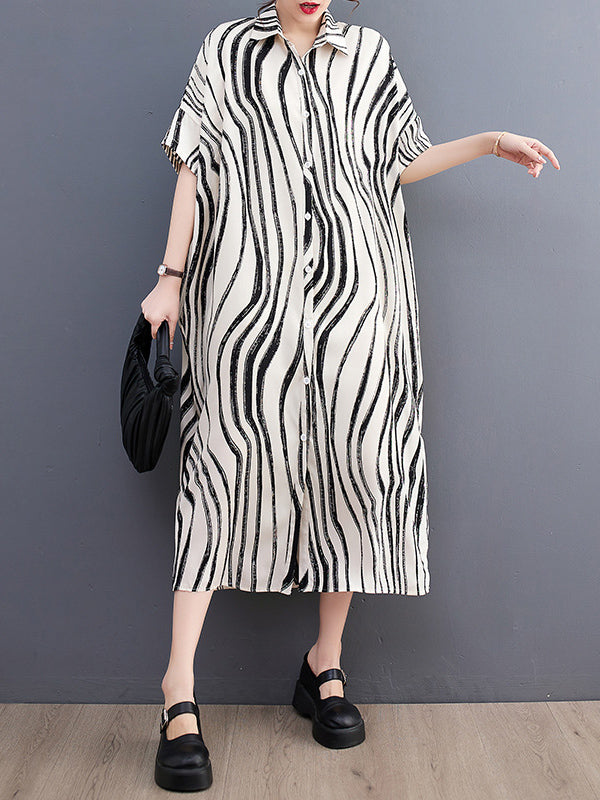 Momentlover Raglan Sleeve Oversize Zebra-Stripe Split-Joint Lapel Midi Dresses Shirt Dress