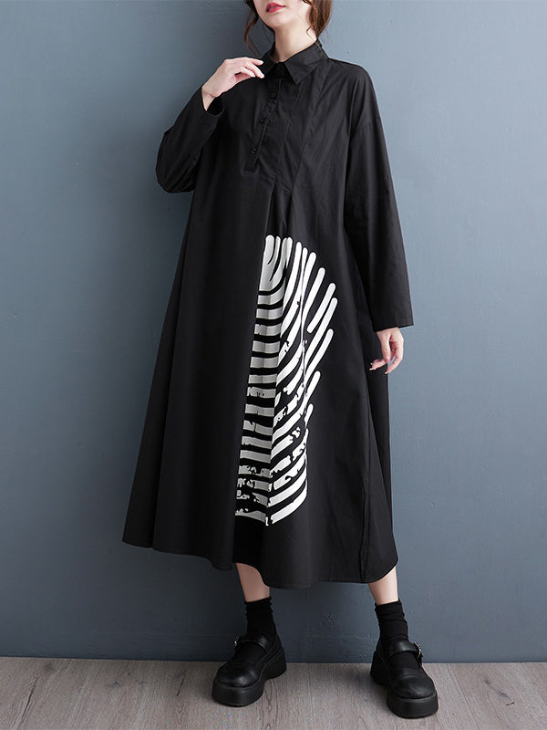 Momentlover Split-Joint Printed Pleated Buttoned Asymmetric Loose Long Sleeves Lapel Shirt Dress Midi Dresses