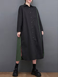 Momentlover Split-Side Split-Joint Buttoned Asymmetric Loose Long Sleeves Lapel Shirt Dress Midi Dresses
