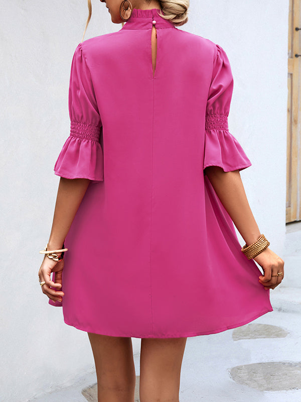 Momentlover Solid Color Loose Half Sleeves High-Neck Mini Dresses