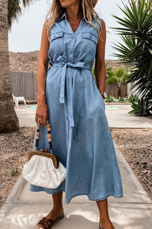 Momentlover Casual Solid Frenulum With Belt Turndown Collar Pencil Skirt Dresses