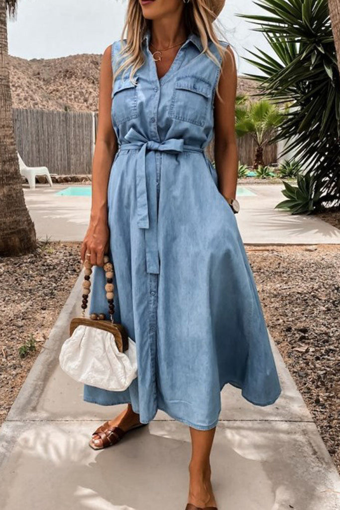 Momentlover Casual Solid Frenulum With Belt Turndown Collar Pencil Skirt Dresses