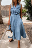Momentlover Casual Solid Frenulum With Belt Turndown Collar Pencil Skirt Dresses