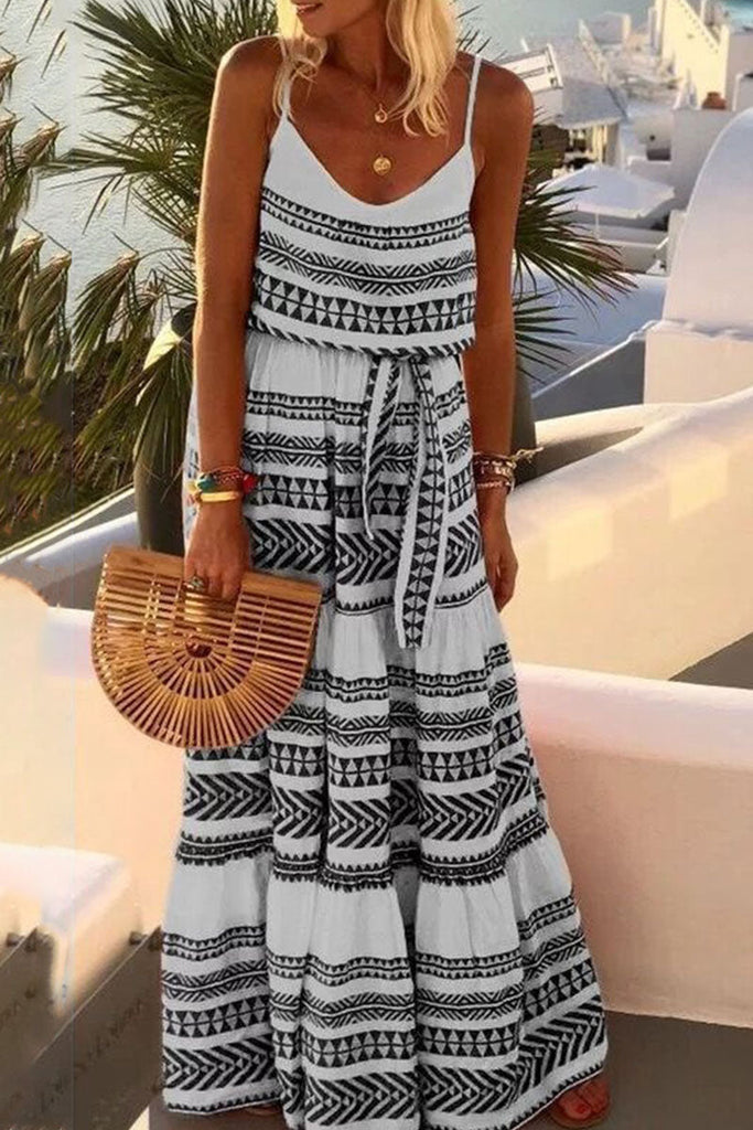 Momentlover Fashion Sexy Print Backless V Neck Sling Dresses