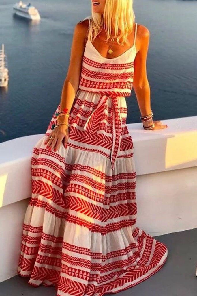 Momentlover Fashion Sexy Print Backless V Neck Sling Dresses