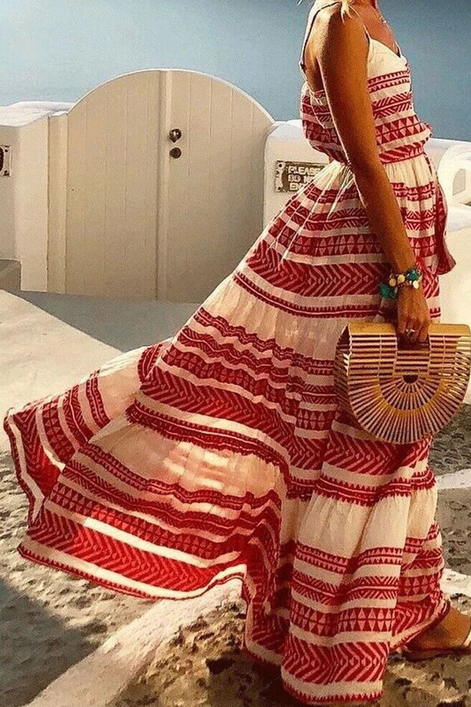 Momentlover Fashion Sexy Print Backless V Neck Sling Dresses