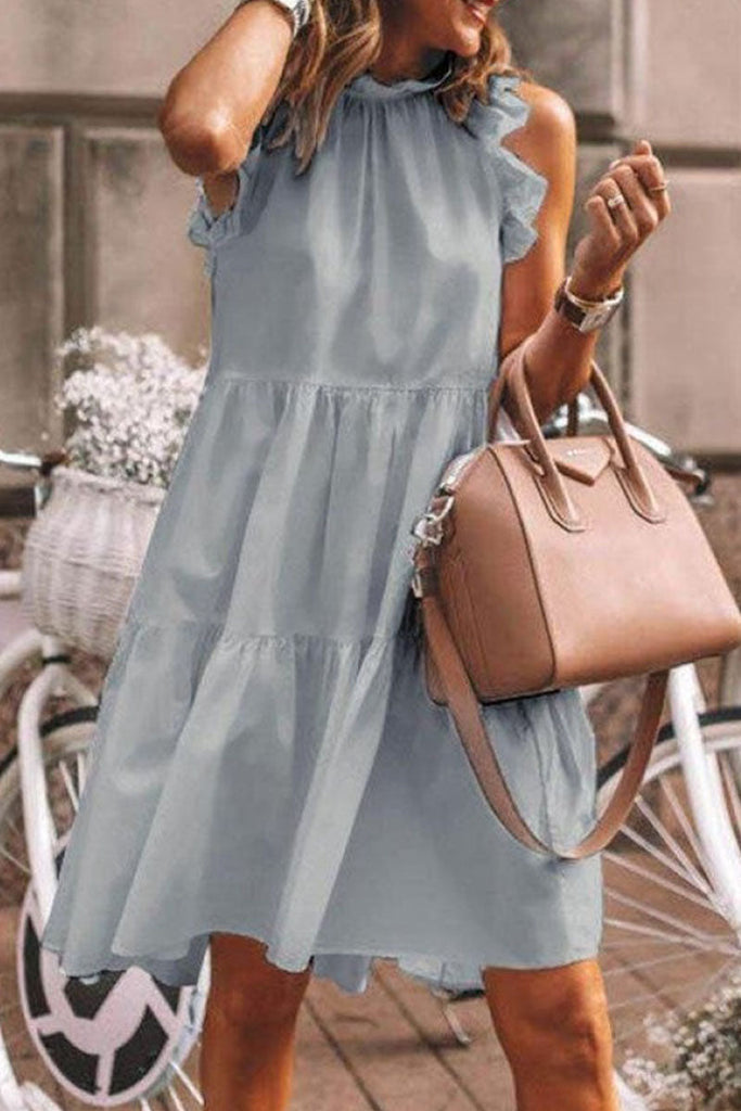 Momentlover Fashion Sweet Solid Patchwork Flounce O Neck A Line Dresses(5 Colors)