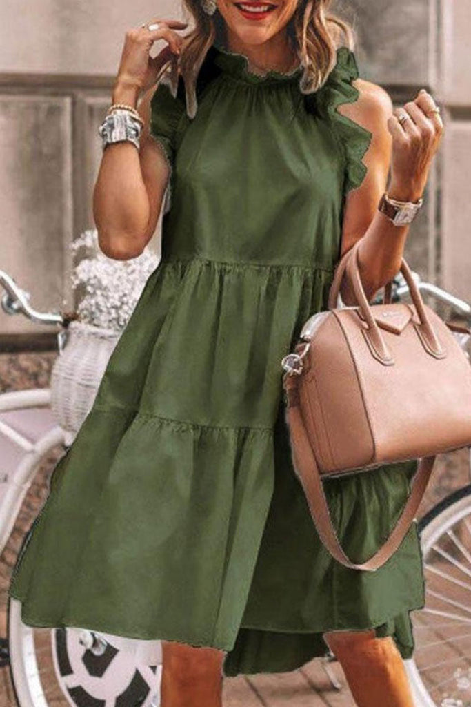 Momentlover Fashion Sweet Solid Patchwork Flounce O Neck A Line Dresses(5 Colors)