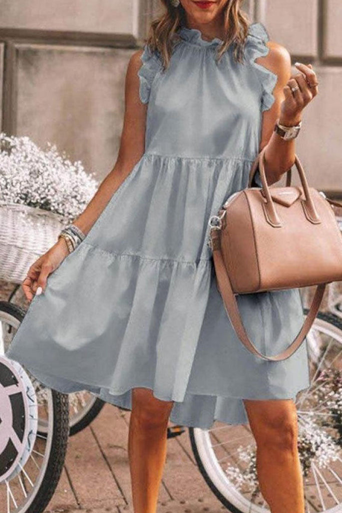 Momentlover Fashion Sweet Solid Patchwork Flounce O Neck A Line Dresses(5 Colors)