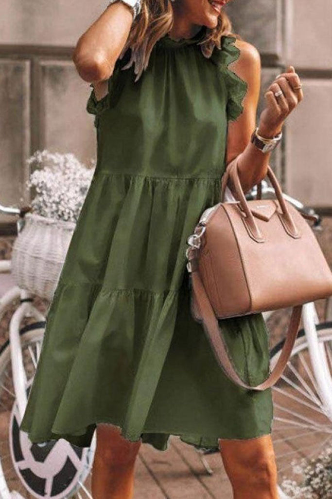 Momentlover Fashion Sweet Solid Patchwork Flounce O Neck A Line Dresses(5 Colors)