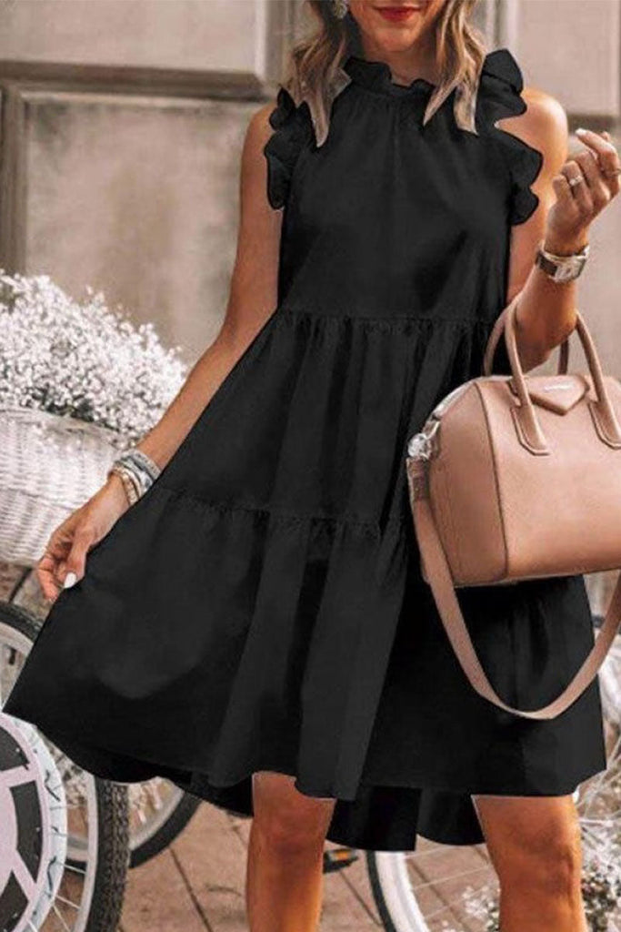 Momentlover Fashion Sweet Solid Patchwork Flounce O Neck A Line Dresses(5 Colors)