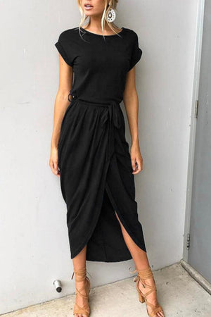 Momentlover Casual Solid Frenulum O Neck Irregular Dresses(6 Colors)