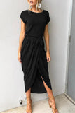 Momentlover Casual Solid Frenulum O Neck Irregular Dresses(6 Colors)