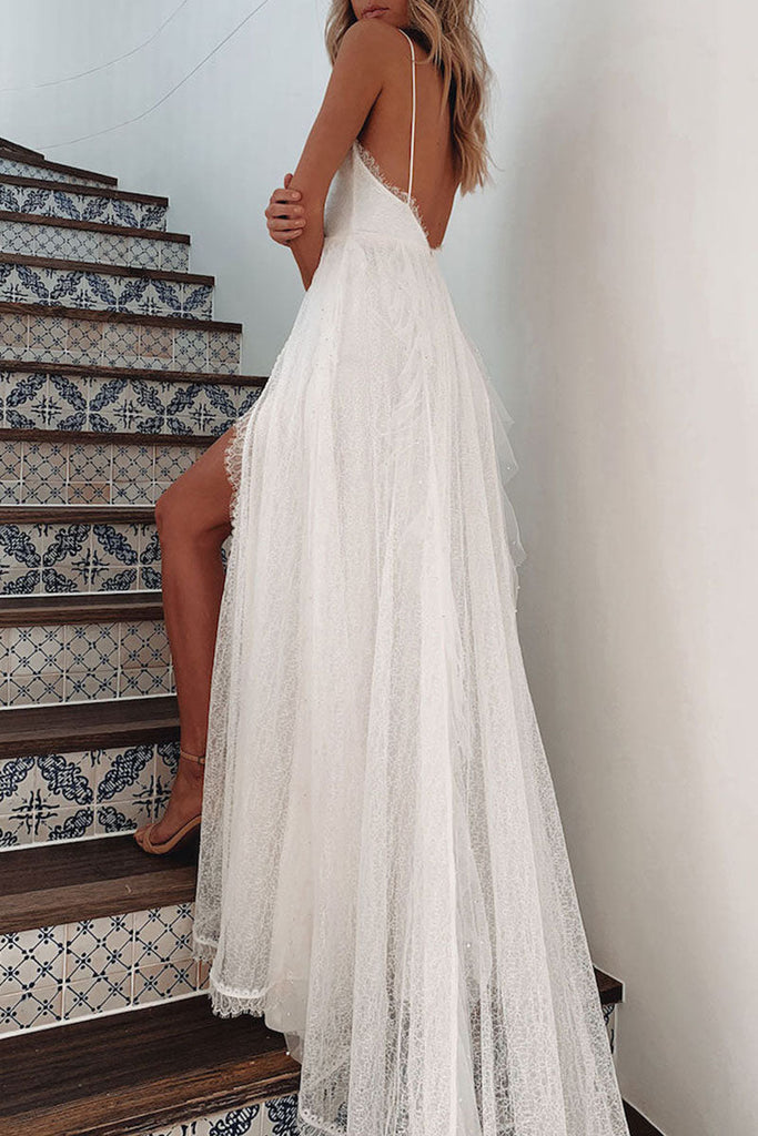 Momentlover Fashion Sexy Solid Patchwork V Neck Irregular Dresses