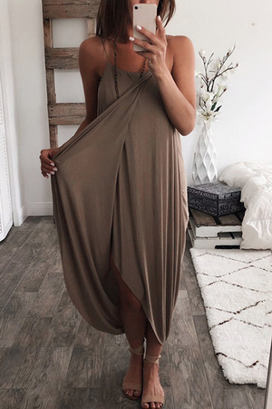 Momentlover Sexy Solid Patchwork Spaghetti Strap Irregular Dress Dresses(5 Colors)