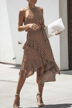 Momentlover Fashion Street Dot Patchwork O Neck Irregular Dresses