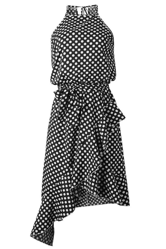 Momentlover Fashion Street Dot Patchwork O Neck Irregular Dresses