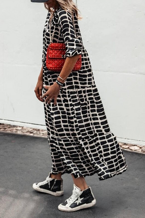 Momentlover Casual Print Patchwork Pullovers Basic V Neck A Line Dresses