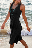 Momentlover Casual Solid Patchwork Pocket Basic O Neck Straight Dresses