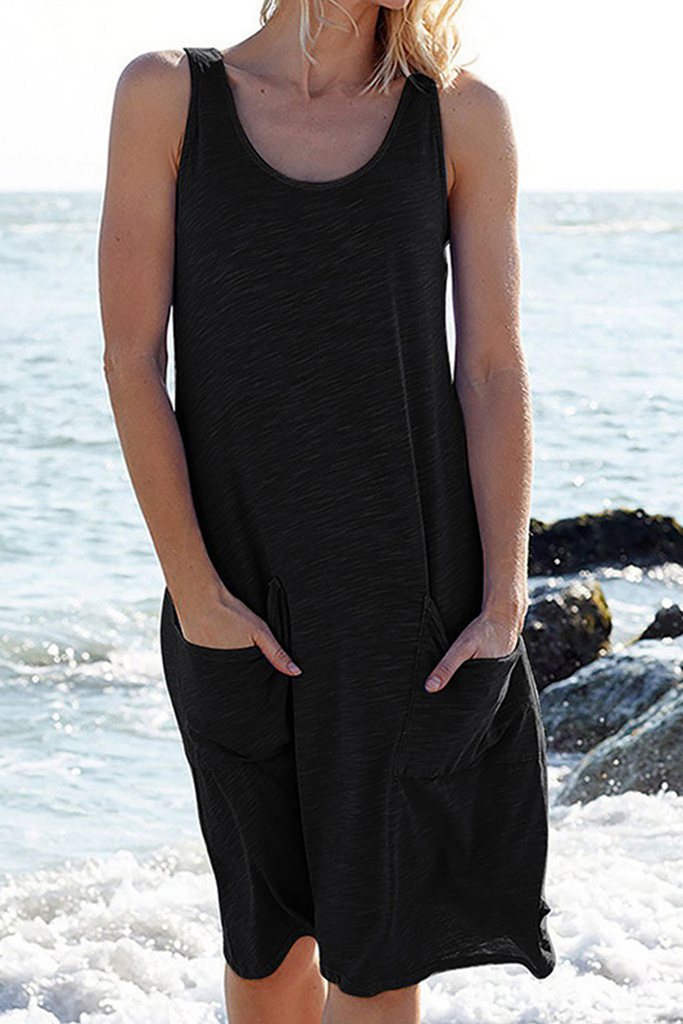 Momentlover Casual Solid Patchwork Pocket Basic O Neck Straight Dresses