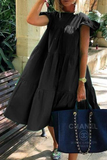 Momentlover Casual Patchwork Solid Basic O Neck Cake Skirt Dresses