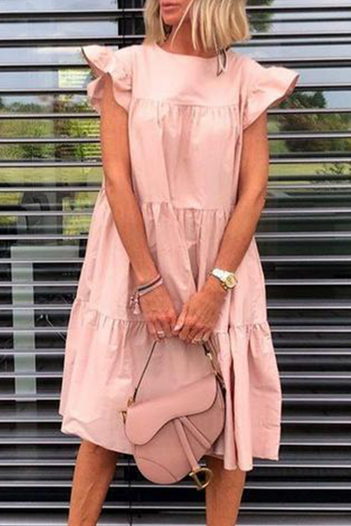 Momentlover Casual Patchwork Solid Basic O Neck Cake Skirt Dresses