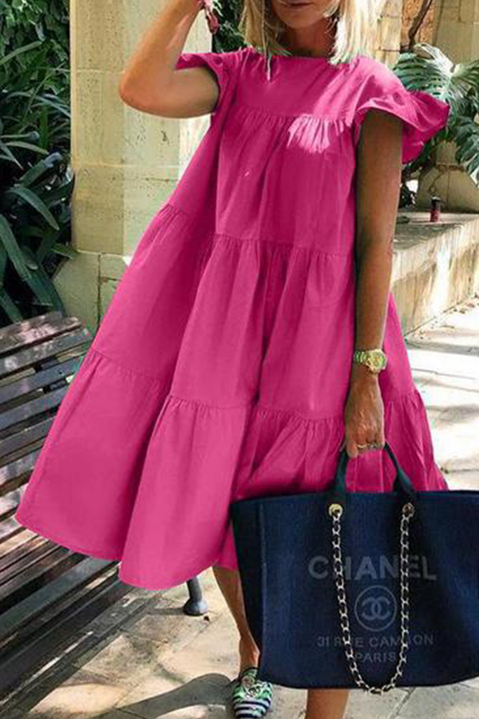 Momentlover Casual Patchwork Solid Basic O Neck Cake Skirt Dresses