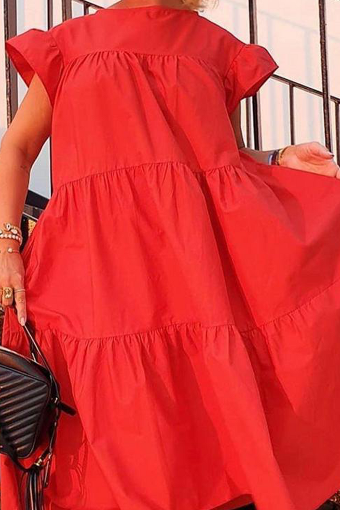 Momentlover Casual Patchwork Solid Basic O Neck Cake Skirt Dresses