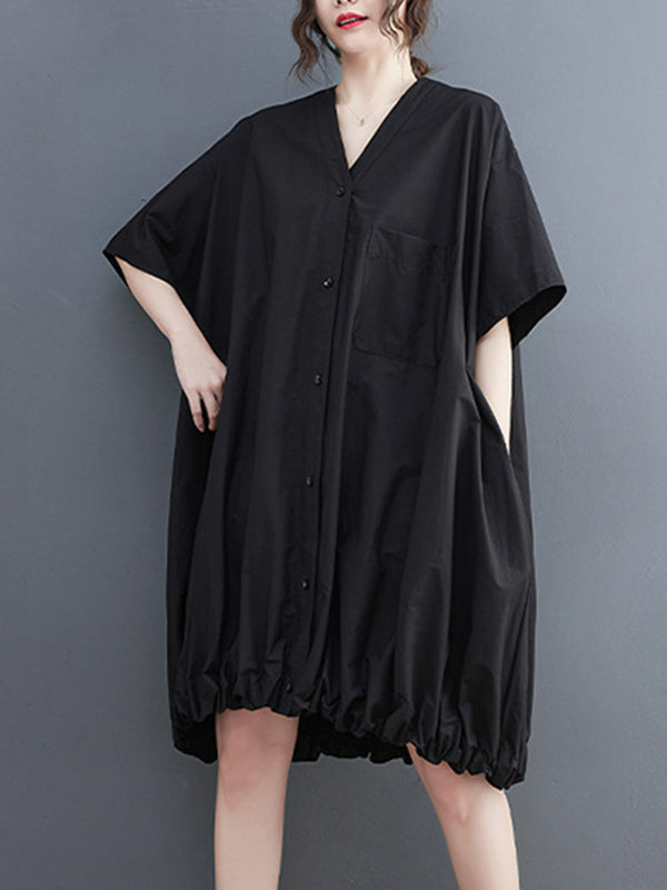 Momentlover Solid Color Short Sleeves Loose V-neck Midi Dresses