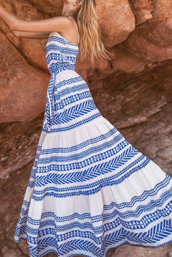 Momentlover Sexy Print Frenulum V Neck Beach Dresses(4 Colors)