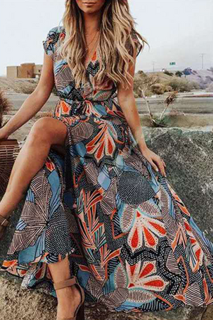 Momentlover Fashion Print V Neck Printed Dress Dresses