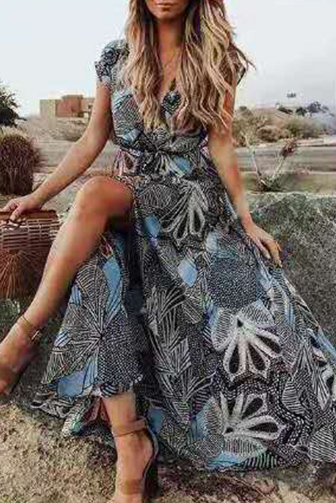 Momentlover Fashion Print V Neck Printed Dress Dresses