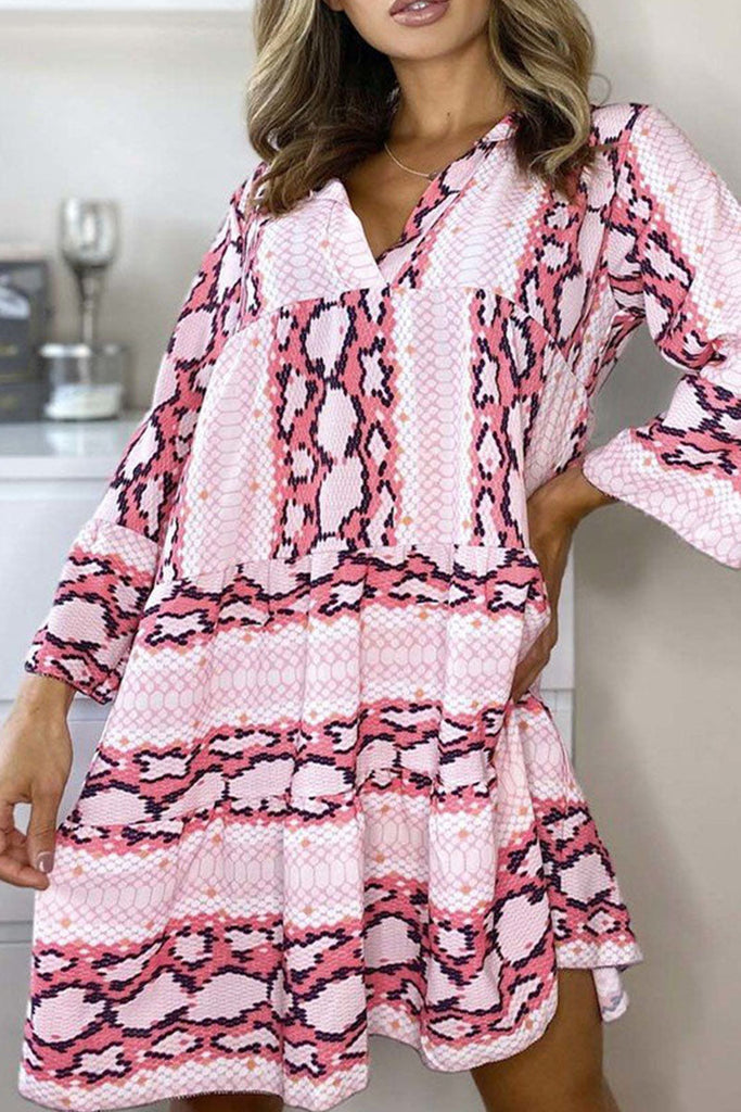 Momentlover Casual Print Patchwork V Neck Printed Dresses(3 Colors)